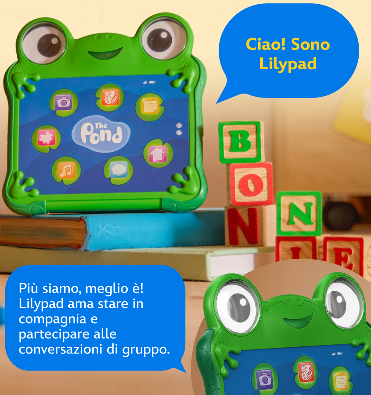Ciao! Sono Lilypad Più siamo, meglio è! Lilypad ama stare in compagnia e partecipare alle conversazioni di gruppo.