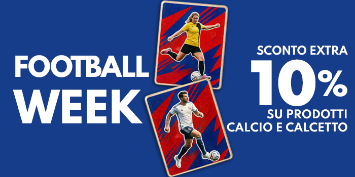 Promotional banner for Football Week showing female and male players on trading cards and 10% extra discount on football and futsal gear