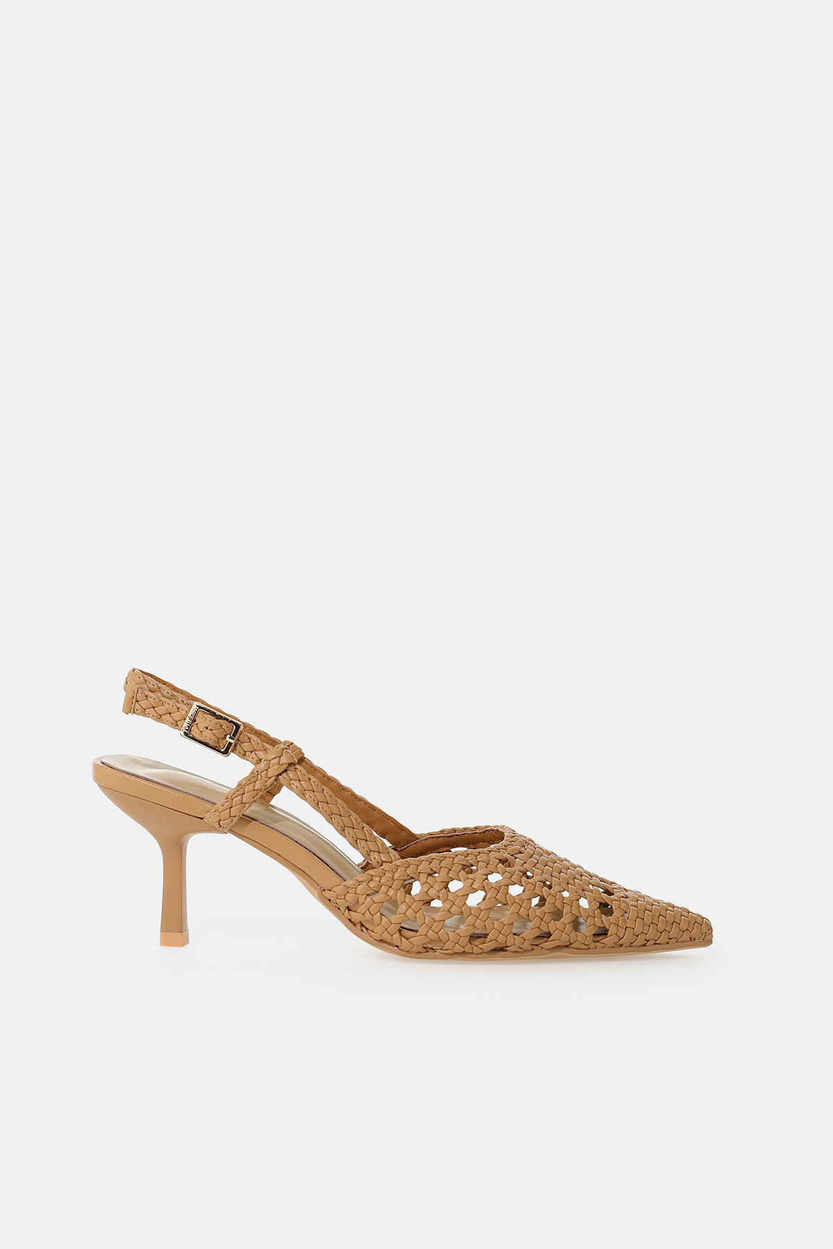 Tan woven leather slingback kitten-heel shoe with pointed toe and adjustable buckle strap
