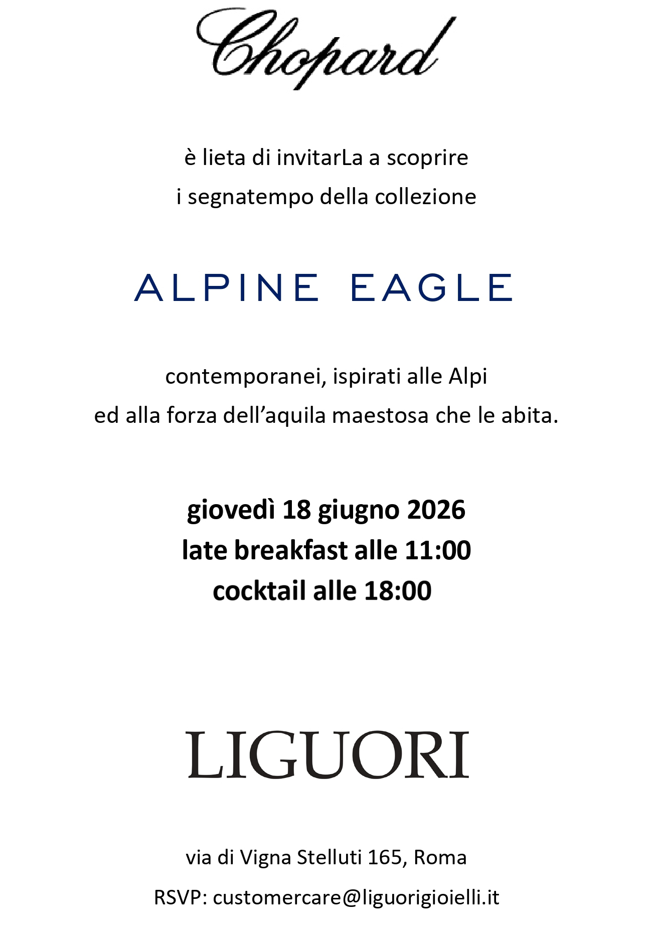 Chopard Alpine Eagle invitation — Rome, Thursday 18 June 2026; late breakfast 11:00, cocktail 18:00. RSVP