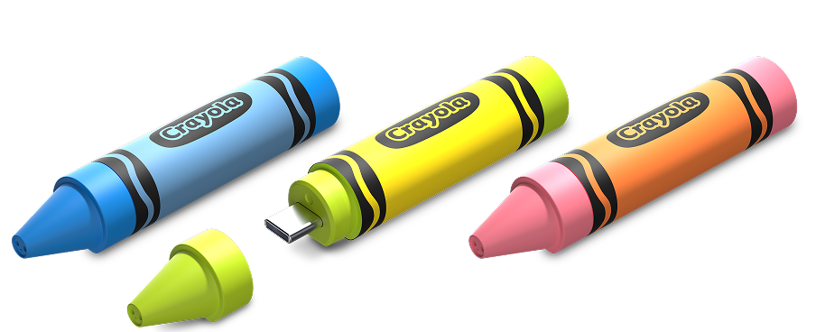 Un pastello Crayola blu, giallo e arancione, con quello giallo aperto per mostrare una porta USB-C, che unisce analogico e digitale.