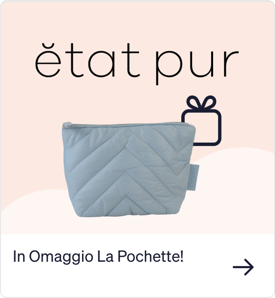 Pale blue quilted état pur cosmetic pouch on soft pink background with gift icon — complimentary pochette promotion