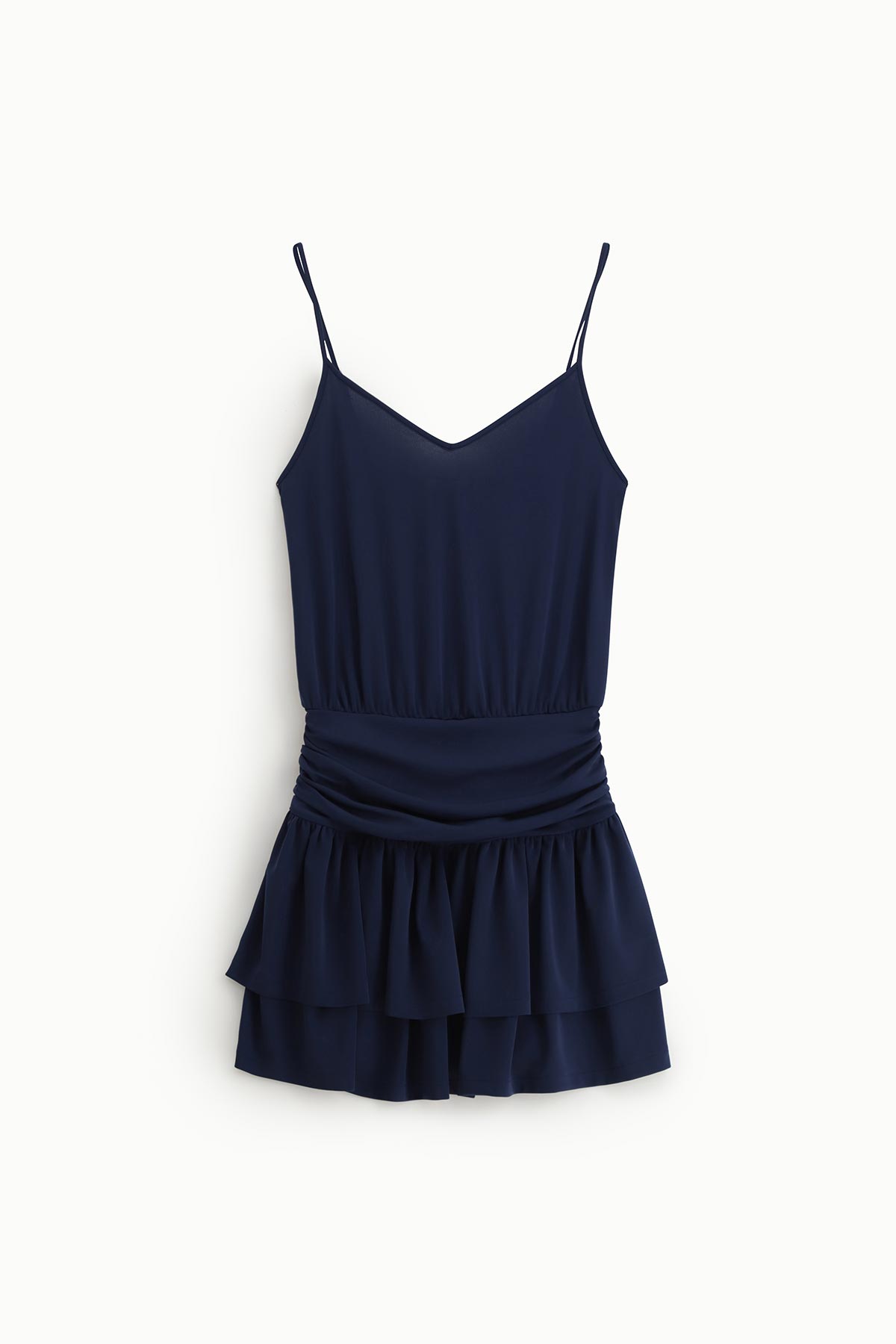 Navy blue camisole dress with thin spaghetti straps, ruched waistband and tiered ruffle skirt