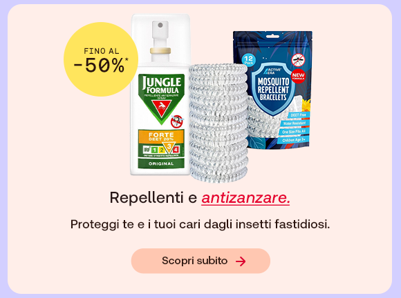 “Repellente Jungle Formula e braccialetti antizanzare con offerta fino al -50%. Testo: ‘Repellenti e antizanzare. Proteggi te e i tuoi cari dagli insetti fastidiosi’ con pulsante ‘Scopri subito’.” “Repellente Jungle Formula e braccialetti antizanzare con offerta fino al -50%. Testo: ‘Repellenti e antizanzare. Proteggi te e i tuoi cari dagli insetti fastidiosi’ con pulsante ‘Scopri subito’.”