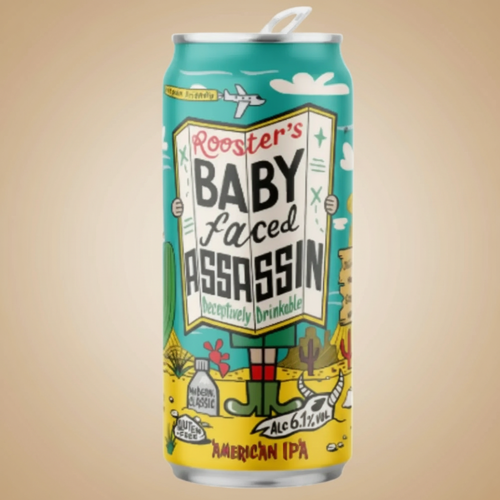 Can of Rooster's Baby Faced Assassin American IPA, 6.1% ABV.