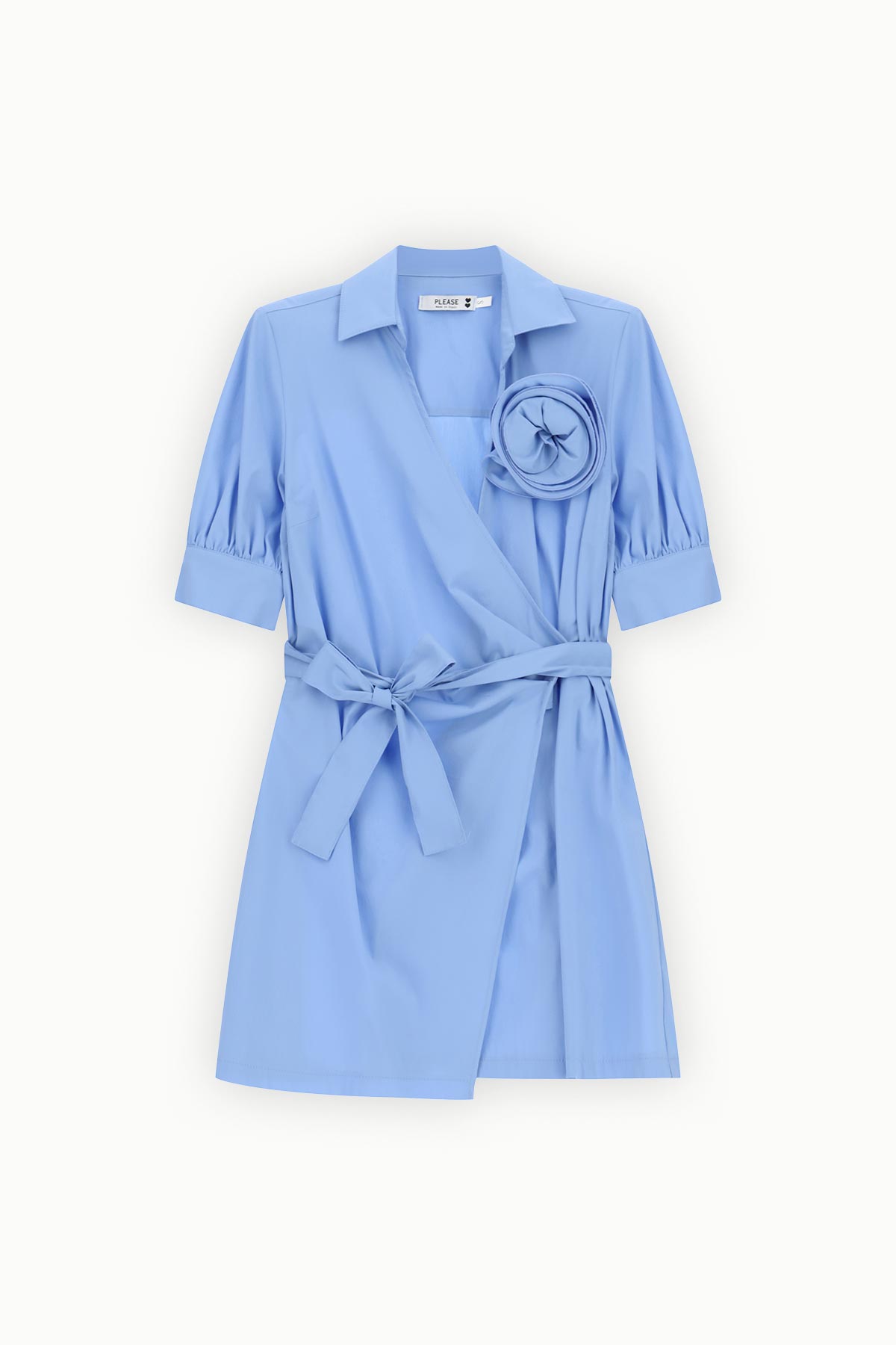 Light blue short wrap dress with half puff sleeves, waist tie belt and decorative rosette brooch