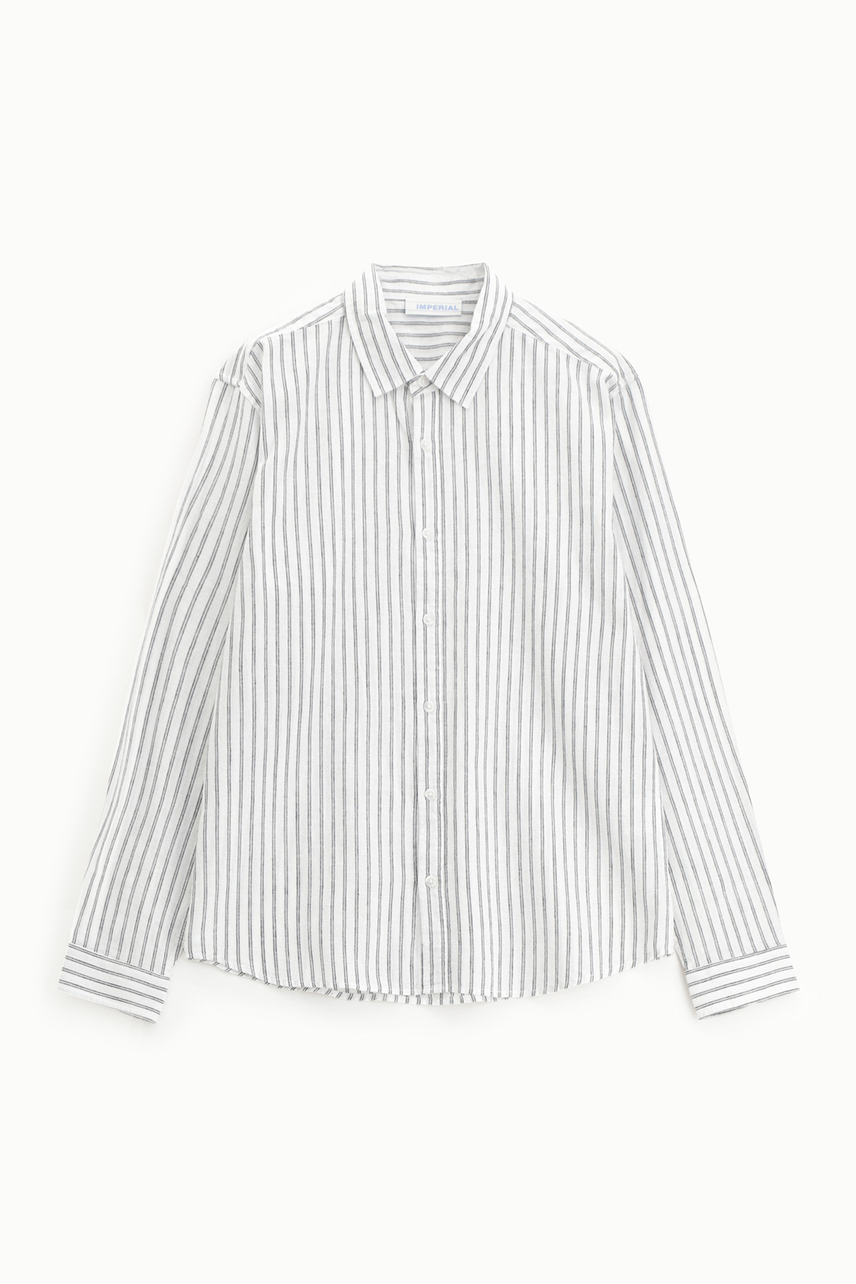 White long-sleeve button-up shirt with thin black vertical stripes, spread collar and button cuffs, flat-lay on white background