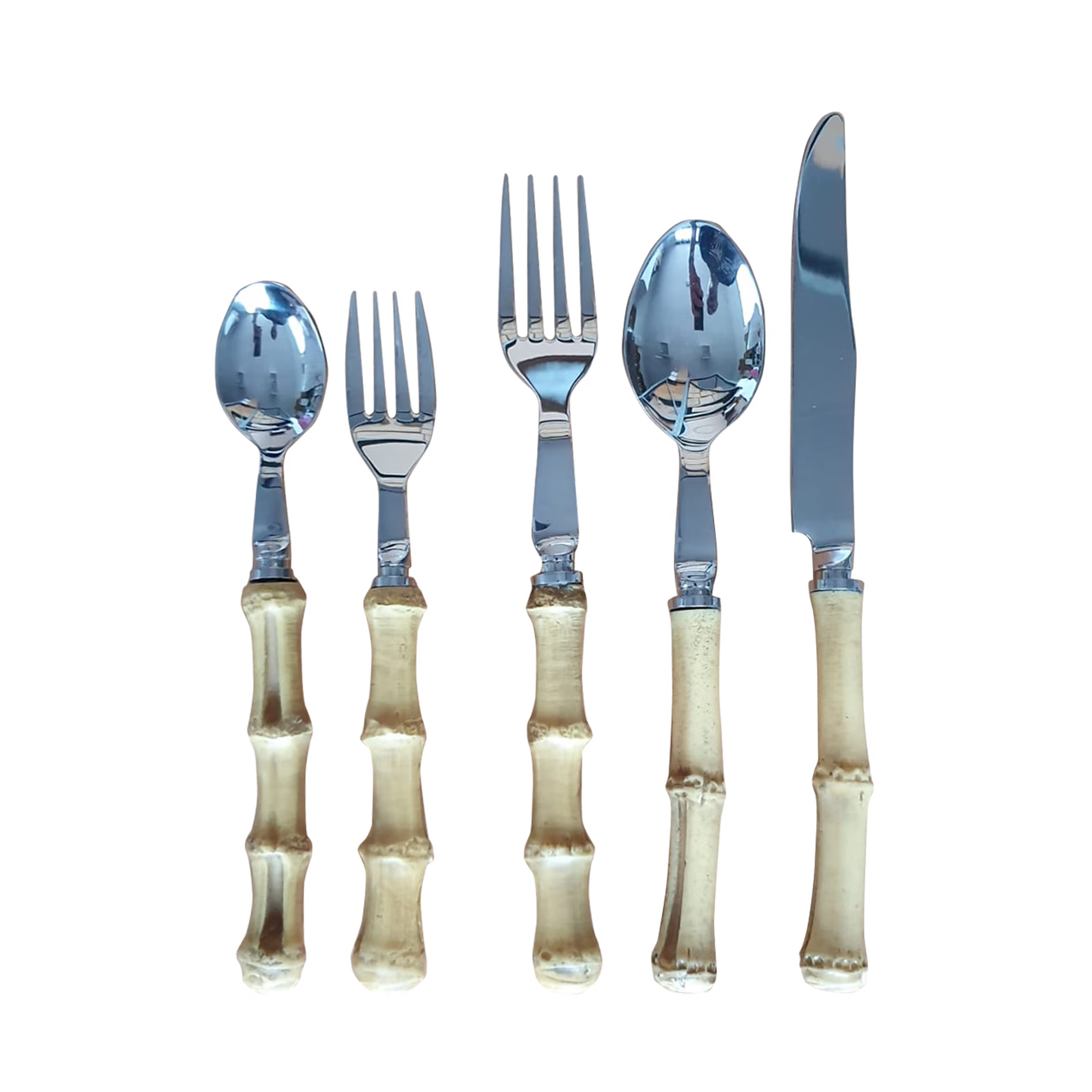 Five-piece stainless-steel cutlery set with bamboo-effect beige handles (small spoon, salad fork, dinner fork, tablespoon and knife) on white background