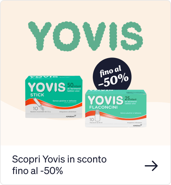 Yovis probiotic products: green Yovis Stick and Flaconcini boxes with a 'up to -50% off' discount badge in a promotional banner