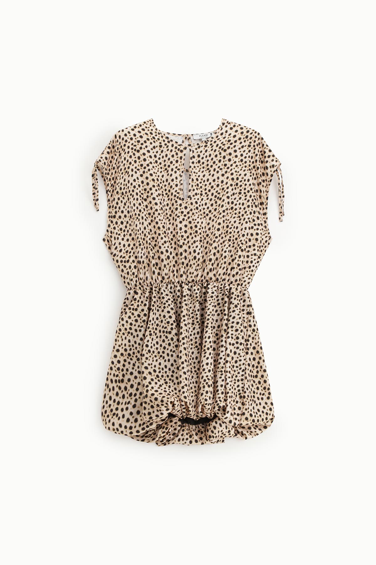 Beige leopard-print women's playsuit with cinched waist and tie sleeves, flat lay on white background
