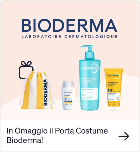 Bioderma Photoderm sunscreens and after-sun gel alongside a free striped drawstring swimming costume bag