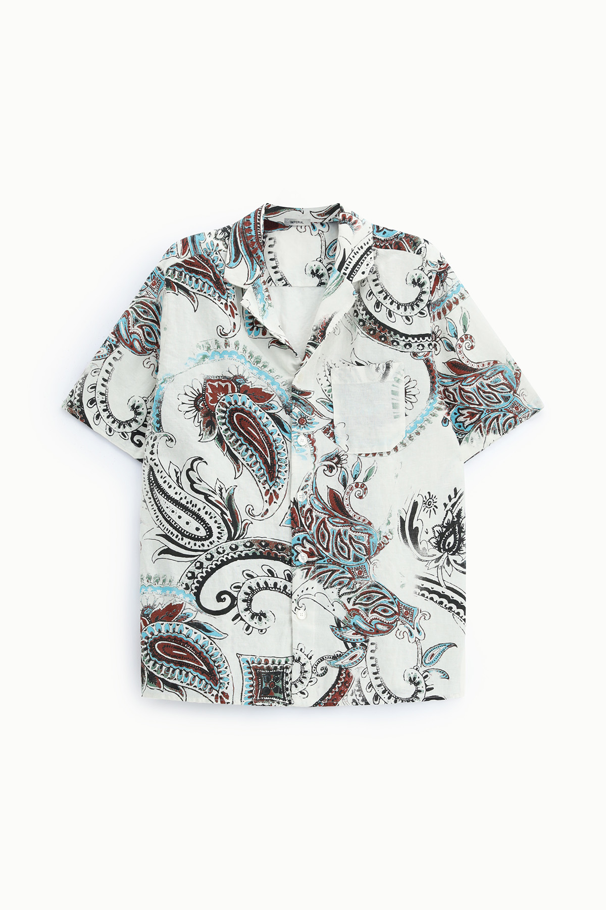 Short-sleeve white linen shirt with teal and rust paisley print, button-up front and chest pocket
