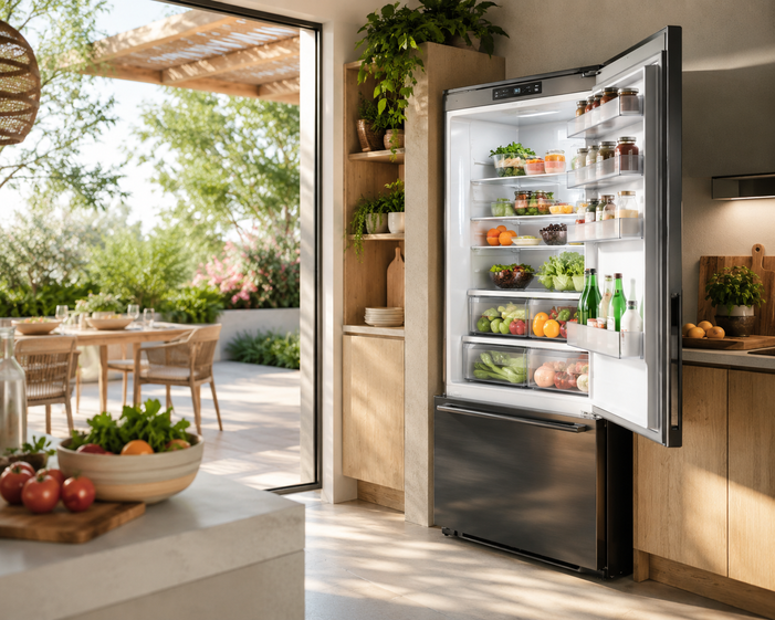 Open stainless-steel fridge in a sunlit modern kitchen stocked with fresh fruits, vegetables and drinks, patio garden visible outside
