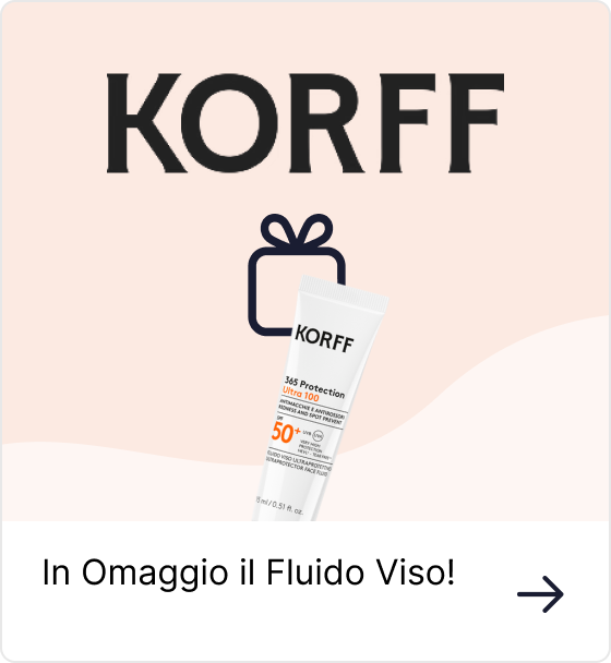 Korff promotional image showing an SPF50+ face fluid tube, gift icon and headline offering a free facial fluid