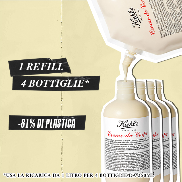 Ricarica Kiehl’s Crème de Corps da 1 litro che riempie quattro flaconi da 250 ml, con indicazione “-81% di plastica” su sfondo beige.