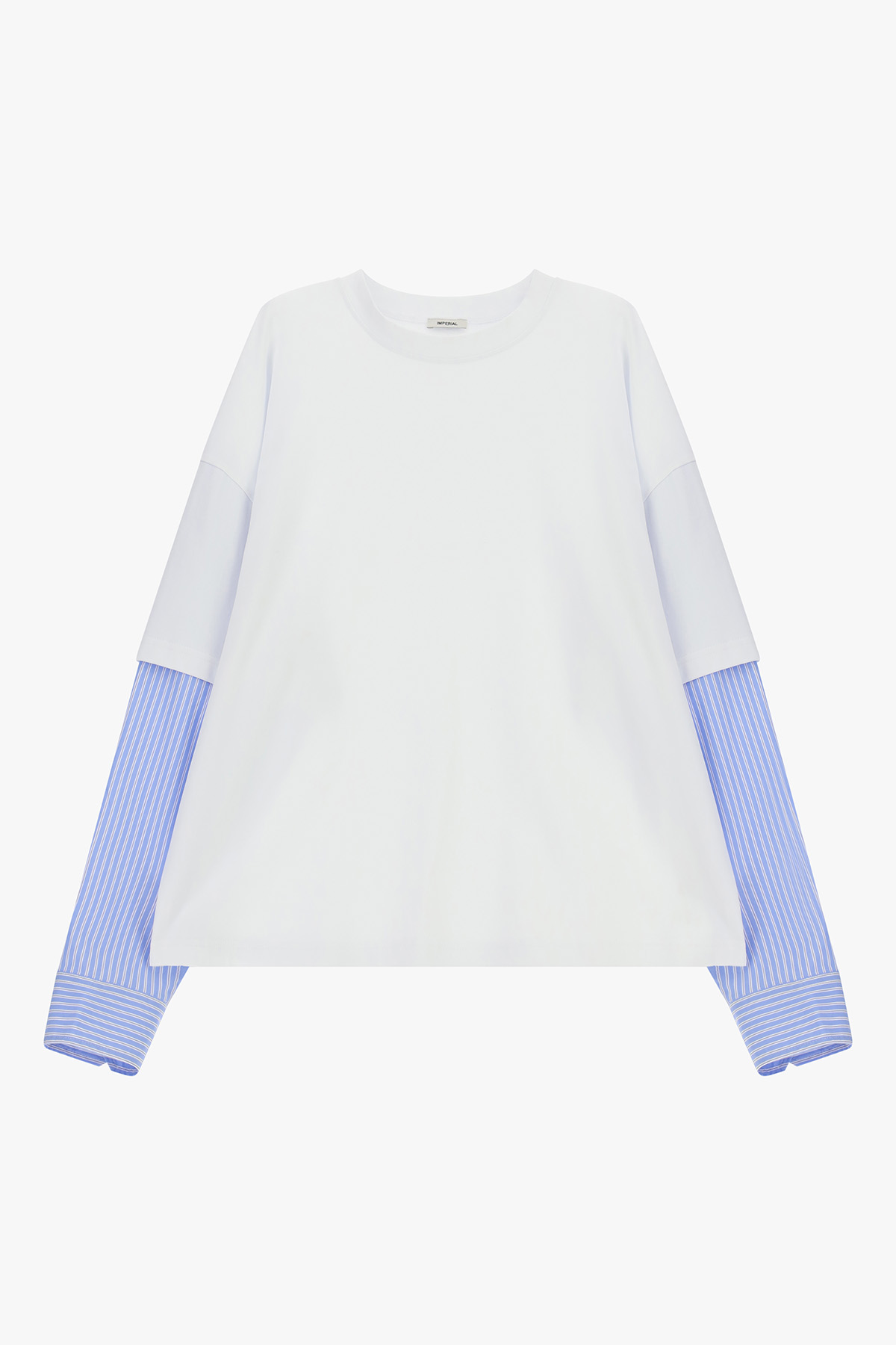 Women's white oversized crew-neck top with blue striped shirt-style sleeves, layered-look casual blouse