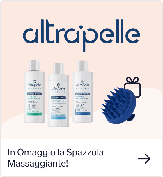 Altrapelle logo above three white shampoo bottles with a blue silicone scalp massager gift on a pale background