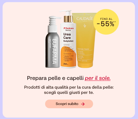 “Prodotti per la cura di pelle e capelli, tra cui Bufarma, Redcare Urea Care e Caudalie Soleil des Vignes, con offerta fino al -55%. Testo: ‘Prepara pelle e capelli per il sole’ con pulsante ‘Scopri subito’.” “Prodotti per la cura di pelle e capelli, tra cui Bufarma, Redcare Urea Care e Caudalie Soleil des Vignes, con offerta fino al -55%. Testo: ‘Prepara pelle e capelli per il sole’ con pulsante ‘Scopri subito’.”