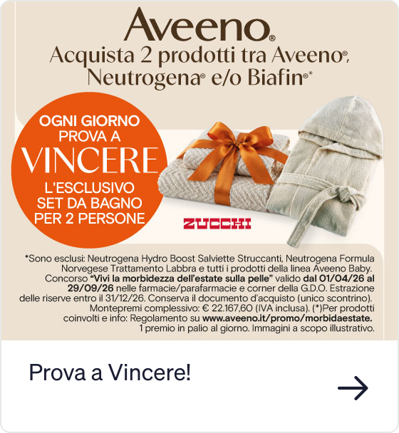 Aveeno promo banner: buy 2 Aveeno/Neutrogena/Biafin products to enter daily draw for a two-person bathrobe and towel set