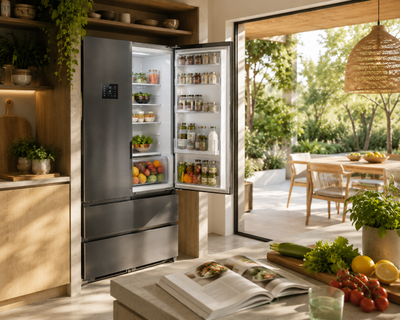 Open stainless fridge stocked with fresh fruit, jars and vegetables in a sunlit modern kitchen opening onto a patio