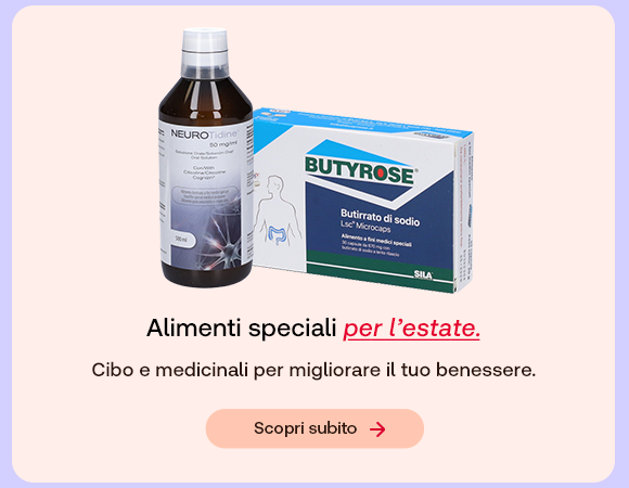 “Prodotti Butyrose e Neurotidine su sfondo chiaro. Testo: ‘Alimenti speciali per l’estate. Cibo e medicinali per migliorare il tuo benessere’ con pulsante ‘Scopri subito’.” “Prodotti Butyrose e Neurotidine su sfondo chiaro. Testo: ‘Alimenti speciali per l’estate. Cibo e medicinali per migliorare il tuo benessere’ con pulsante ‘Scopri subito’.”