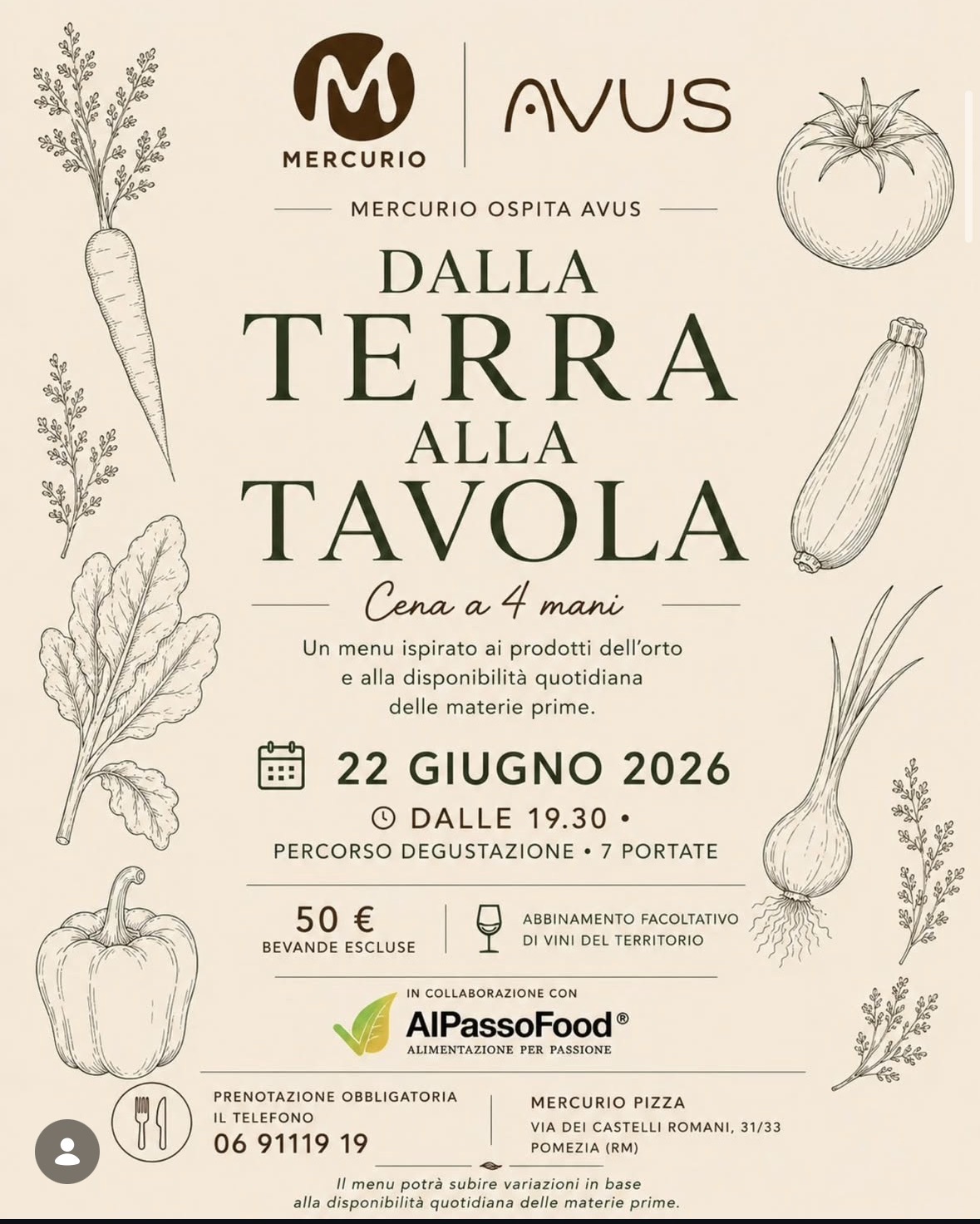 Locandina Dalla Terra alla Tavola, cena vegetale a quattro mani Mercurio e Avus, 22 giugno 2026 Pomezia