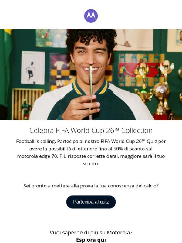 Partecipa al quiz fifa di motorola per avere la possibilità di ottenere fino al 50% di sconto sul motorola edge 70.