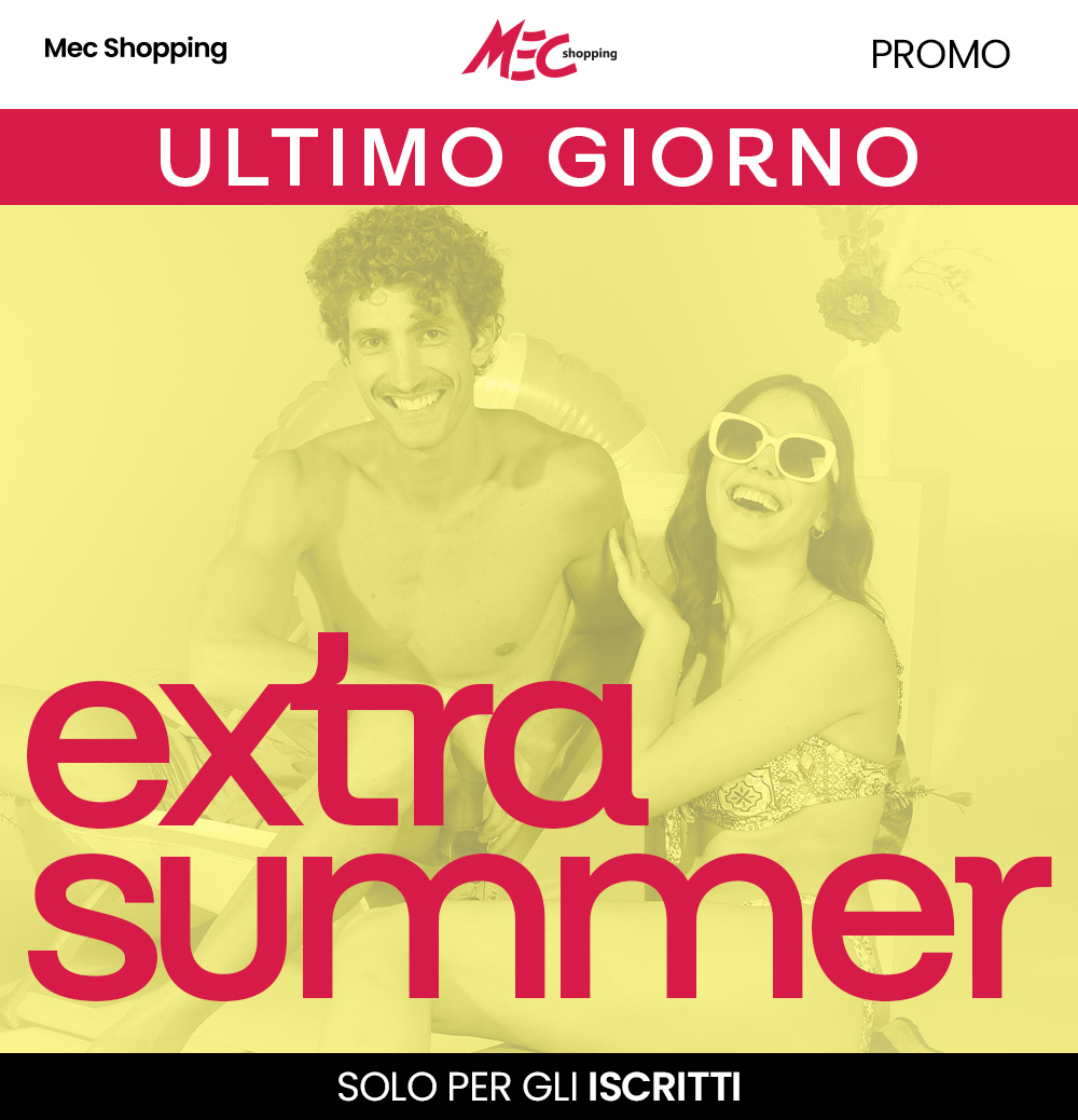 Promotional MEC Shopping banner showing a smiling man and woman in swimwear with 'Extra Summer' headline and 'Ultimo Giorno' last‑day promo