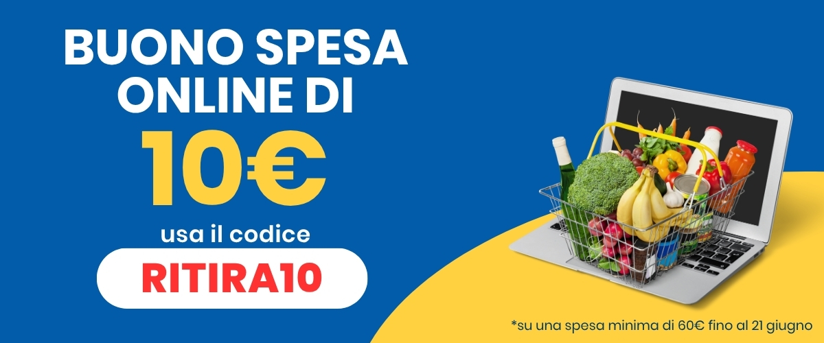 Promotional banner: 10€ online shopping voucher with code RITIRA10, laptop displaying a shopping basket of groceries