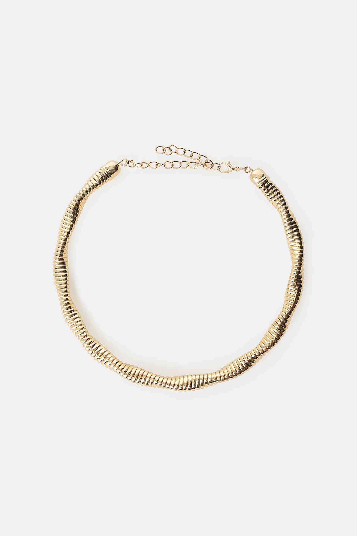 Gold textured snake-chain choker necklace with adjustable extender and lobster clasp on plain white background