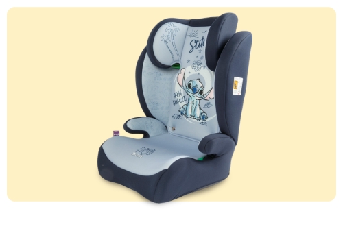 Blue and navy high-back children's booster car seat with Disney Stitch print, padded headrest and armrests