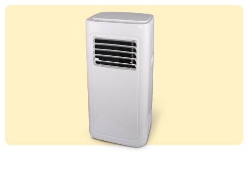 White portable air conditioning unit with front louvred vent on pale yellow background