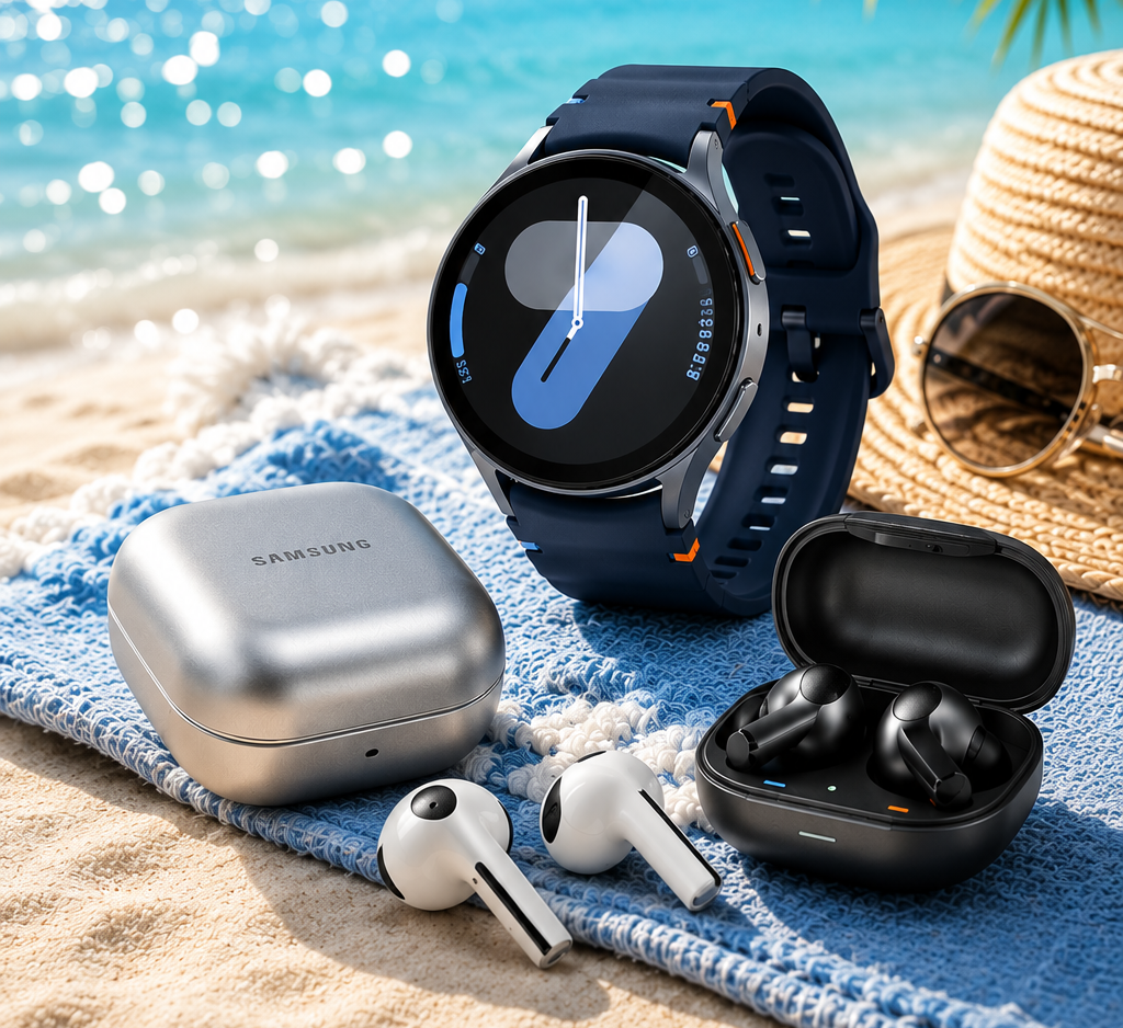 Blue sports smartwatch on a beach towel with two wireless earbud sets and charging cases, sunglasses and straw hat by the sea