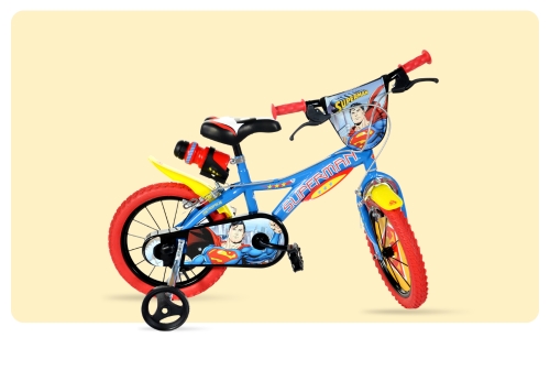Blue and red Superman children's bicycle with training wheels, padded seat, water bottle and colourful superhero graphics