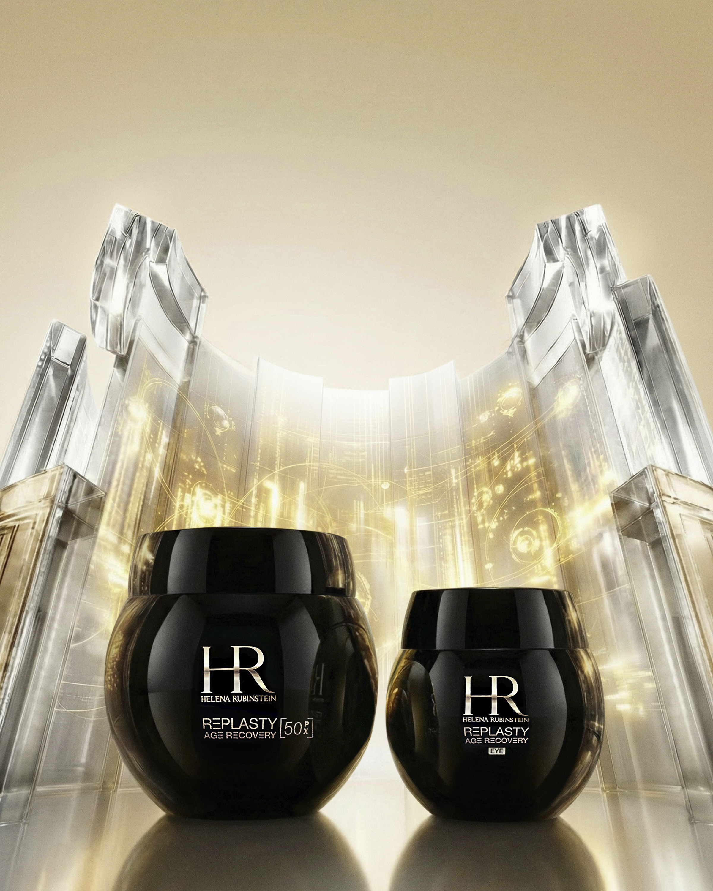 Two black jars of Replasty Age Recovery cream set against a glowing golden architectural background.