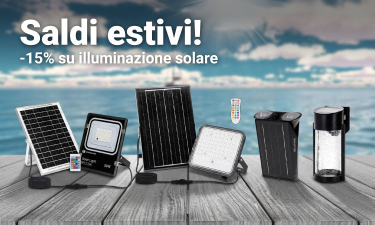 Summer sale banner showing various solar panels and LED floodlights on a wooden deck by the sea, 15% off solar lighting