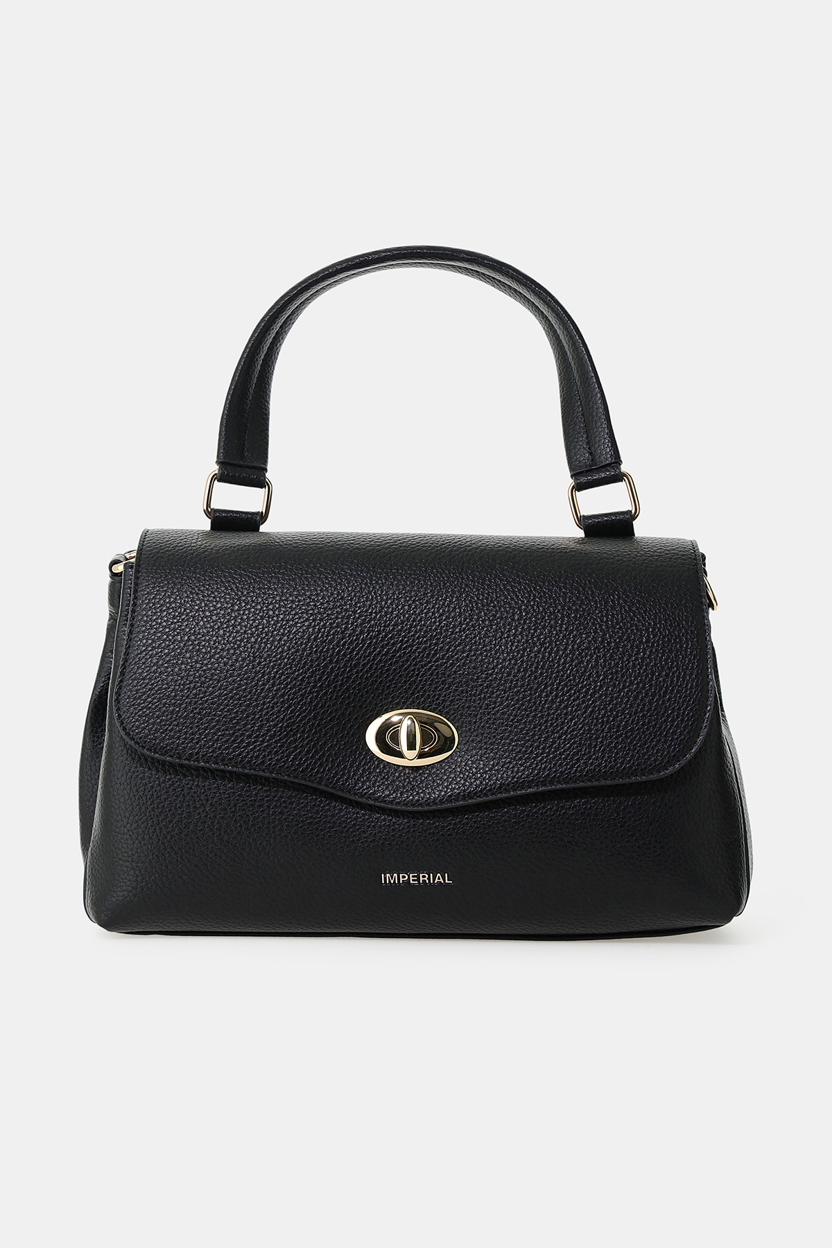 Black pebbled leather top-handle handbag with gold turn-lock clasp and small 'Imperial' logo
