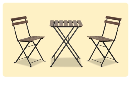 Small outdoor bistro set: folding slatted wooden table and two matching folding chairs on a pale yellow background