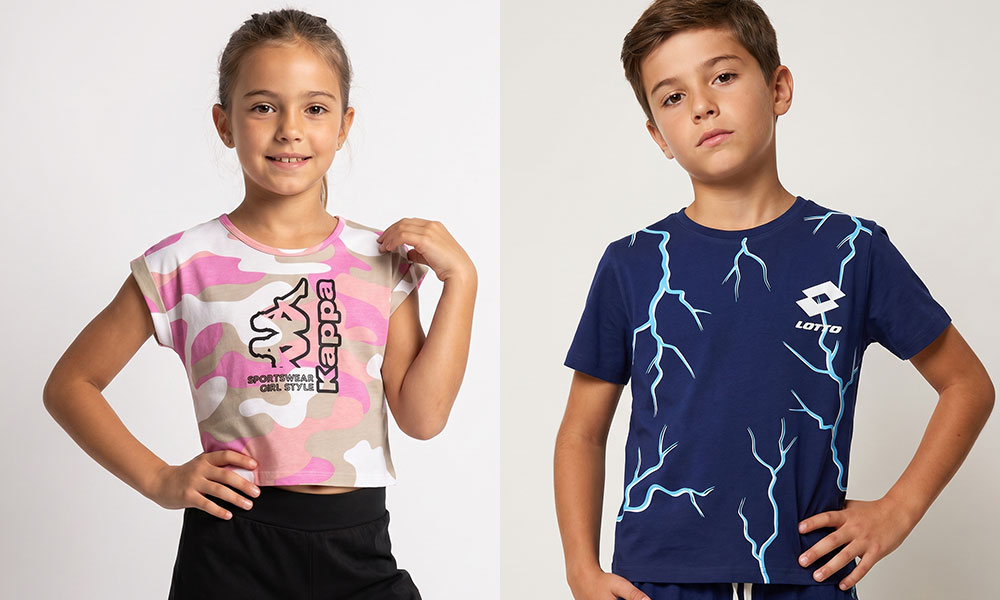 Two children modelling sportswear: girl in pink camouflage Kappa crop top and black shorts, boy in navy Lotto tee with blue lightning print