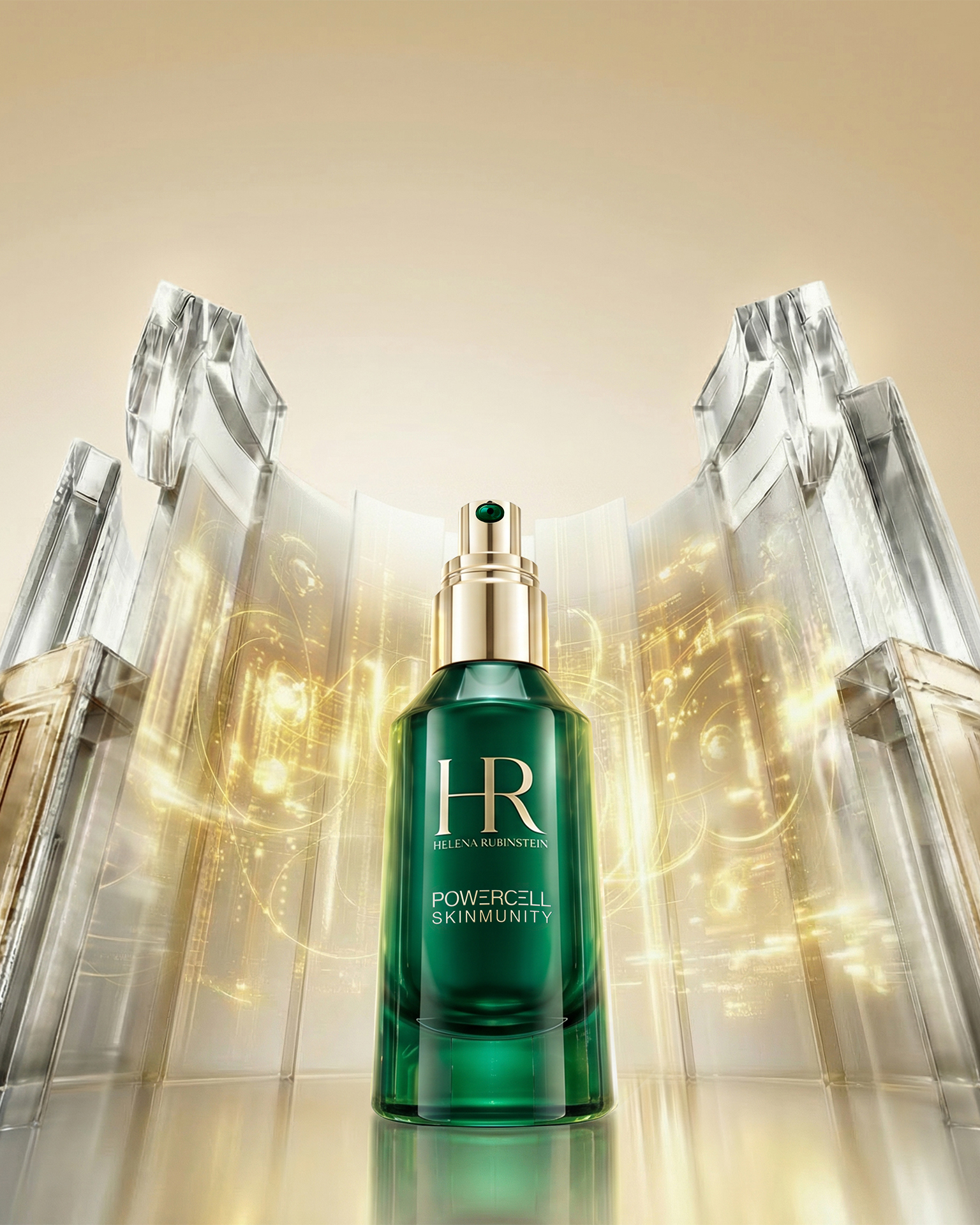 A green glass bottle of Powercell Skinmunity serum surrounded by futuristic golden rays