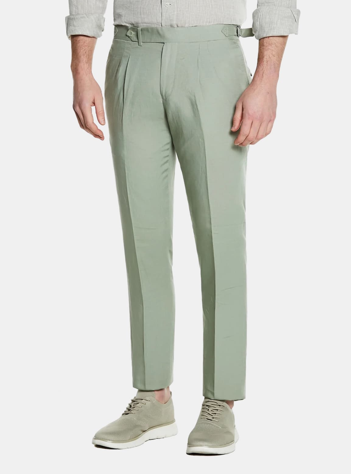 Pantaloni con doppia pince e fibbie in misto lino