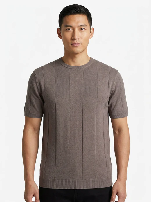 T-Shirt in Filo di Cotone con Costa Piatta / Marrone
