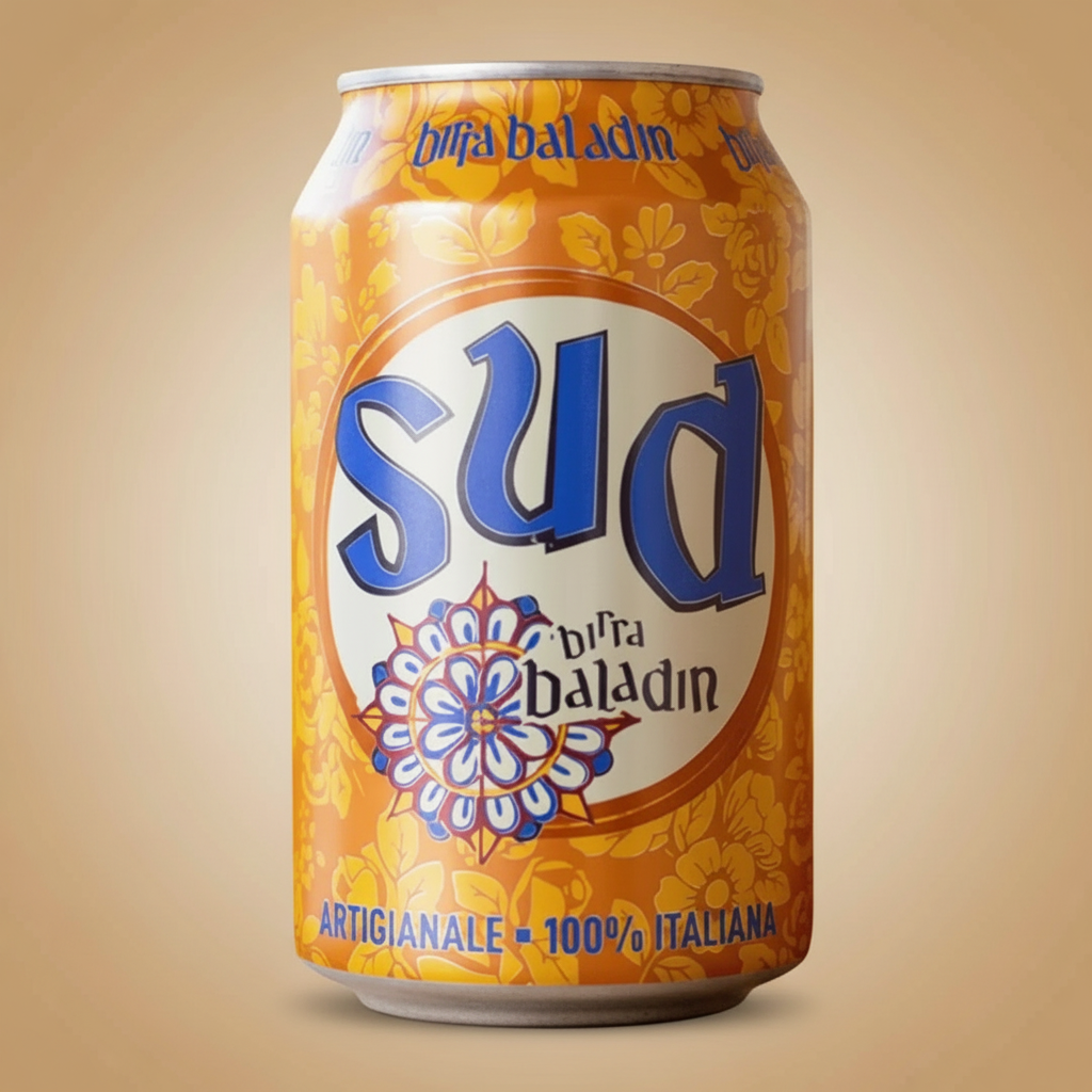 A can of Sud Birra Baladin, an artisanal Italian beer, with a floral design.
