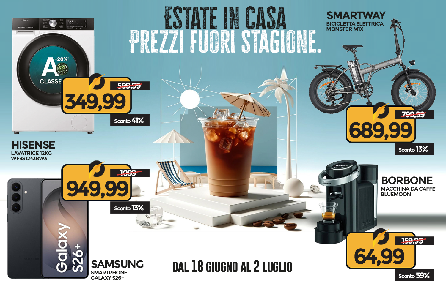 Promo banner: iced coffee with discounted Hisense 12kg washer, Samsung Galaxy S26+, Smartway e‑bike and Borbone coffee machine.