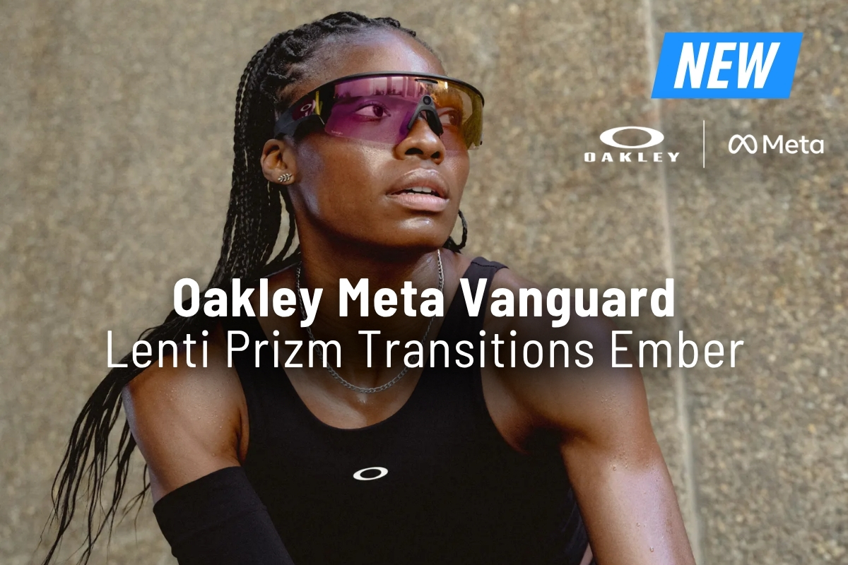 Athlete wearing Oakley Meta Vanguard sunglasses with Prizm Transitions Ember lenses, NEW badge and Oakley/Meta logos
