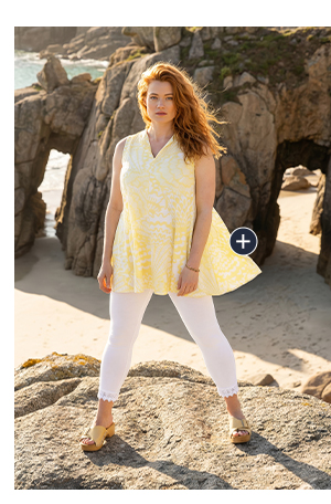 Eco Cotton Shell Print Sleeveless Knit Tunic - A beachy style with a wide godet-pleated hemline for extra volume.