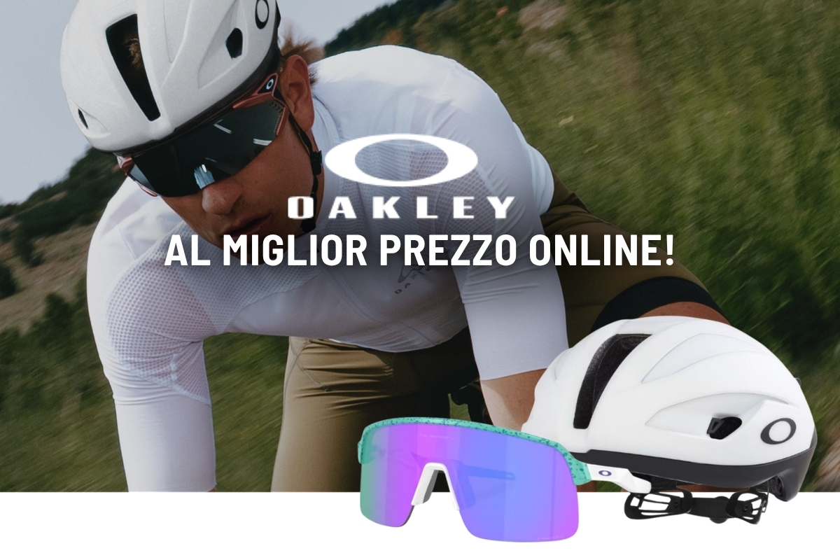 Cyclist wearing a white Oakley helmet and mirrored sunglasses with Oakley logo; separate white helmet and purple mirrored cycling glasses displayed