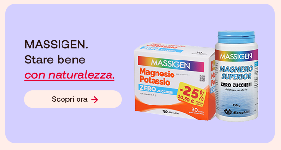 “Prodotti Massigen Magnesio e Potassio Zero Zuccheri e Magnesio Supremo Zero Zuccheri su sfondo lilla. Testo: ‘MASSIGEN. Stare bene con naturalezza’ con pulsante ‘Scopri ora’.” “Prodotti Massigen Magnesio e Potassio Zero Zuccheri e Magnesio Supremo Zero Zuccheri su sfondo lilla. Testo: ‘MASSIGEN. Stare bene con naturalezza’ con pulsante ‘Scopri ora’.”