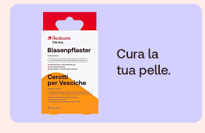 “Confezione Redcare Derma Blasenpflaster (cerotti per vesciche) su sfondo lilla. Testo: ‘Cura la tua pelle’.” “Confezione Redcare Derma Blasenpflaster (cerotti per vesciche) su sfondo lilla. Testo: ‘Cura la tua pelle’.”