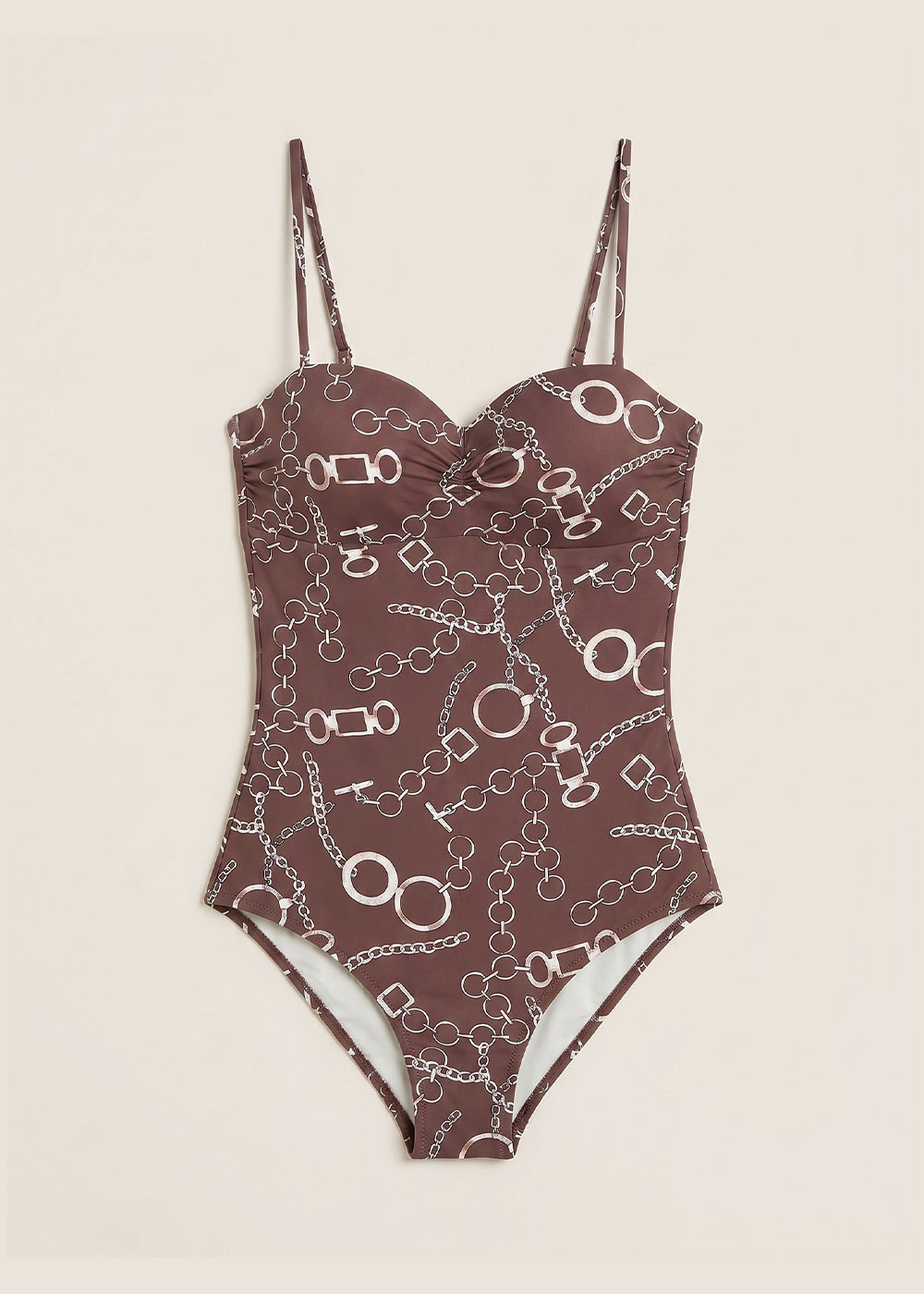 Brown one-piece swimsuit with white chain print, moulded sweetheart cups and thin adjustable straps, laid flat on cream background